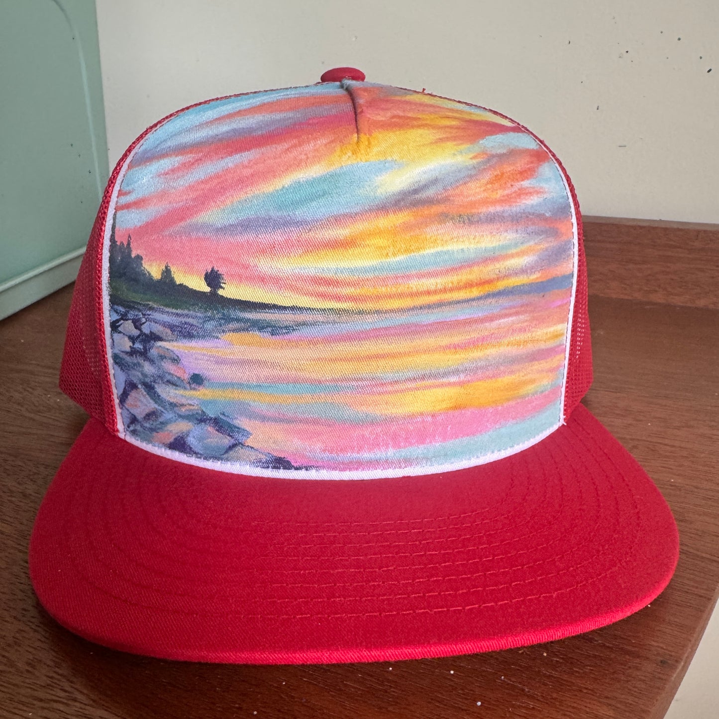 "Pastel Sunset on Red" Hand Painted Hat