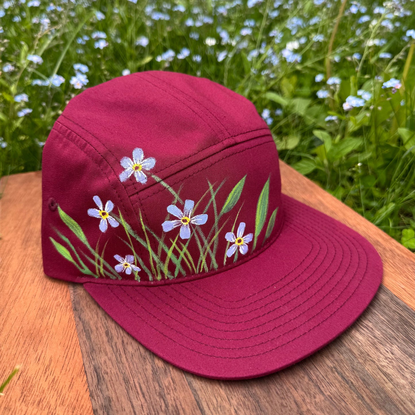 "Forget Me Not on Berry Red" Hand Painted Hat