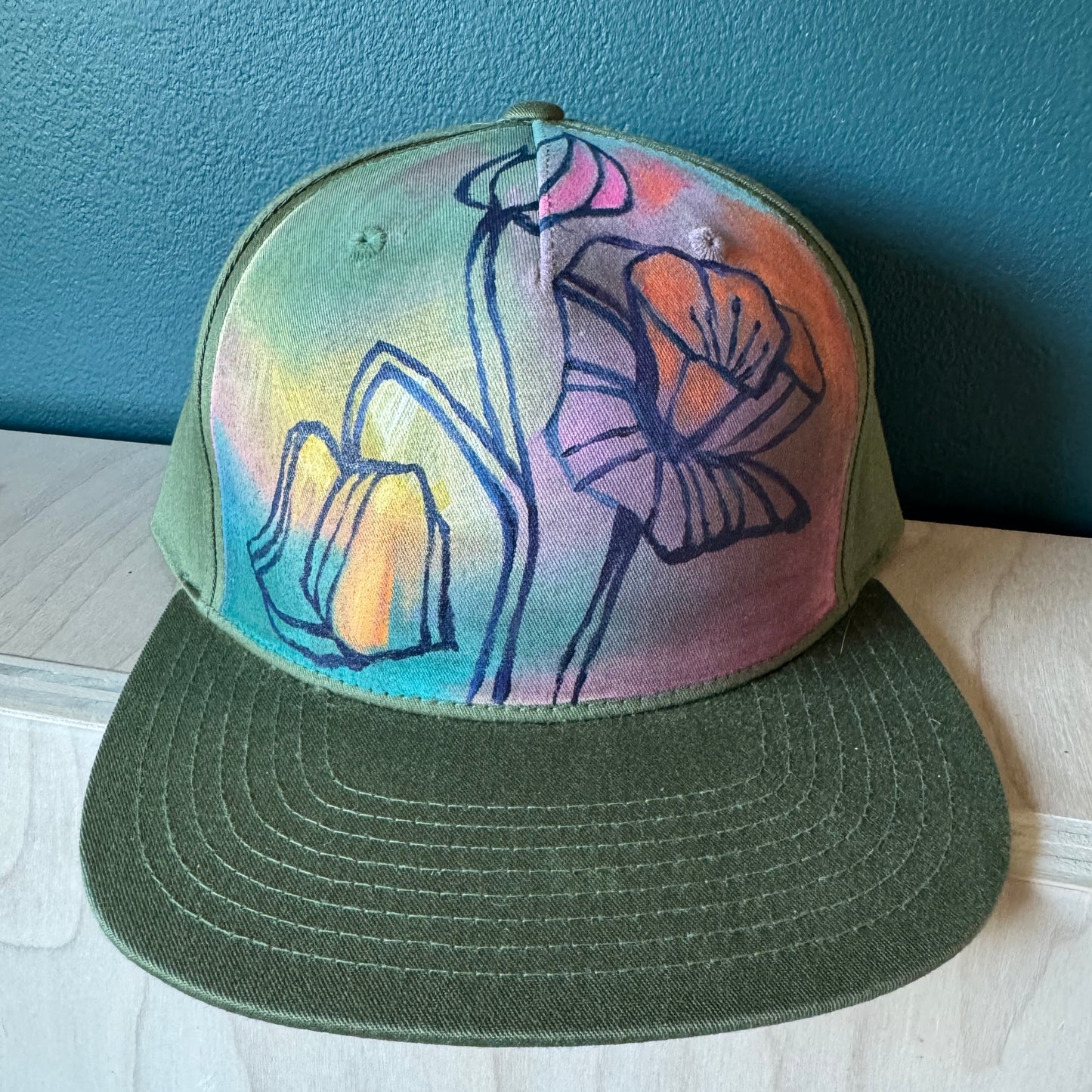 "Flowers on Green" Hand Painted Hat