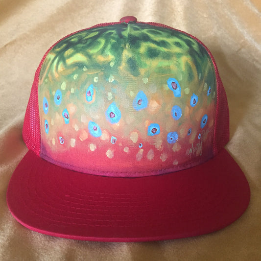 "fishy" Hand Painted on Red Snapback Trucker Hat
