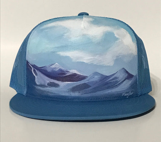 "Windy Mountains" Hand Painted on Baby Blue Trucker Snapback