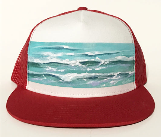 "Waves" Hand Painted on Red Trucker Snapback