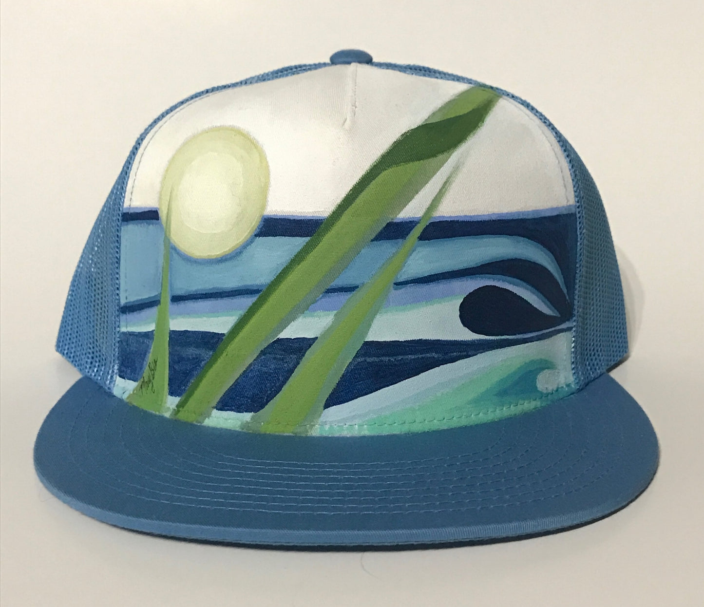 "Shore Line" Hand Painted on Baby Blue Snapback Trucker Hat