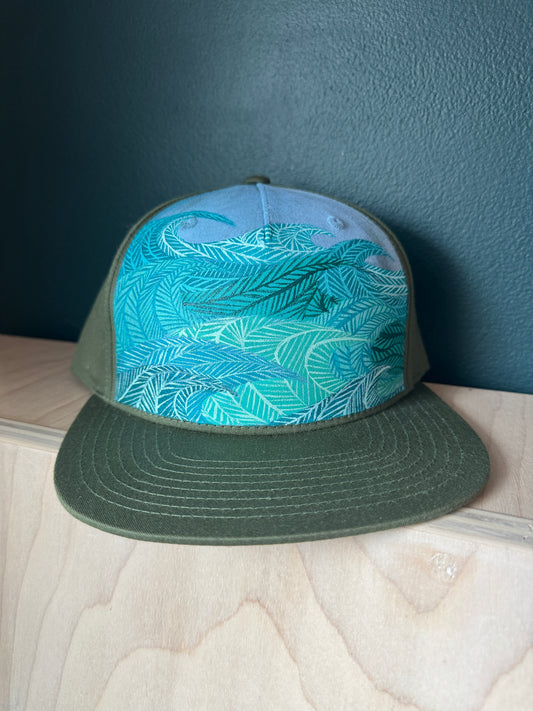 "Wavelines" Olive Green Cloth Back Hand Painted Hat