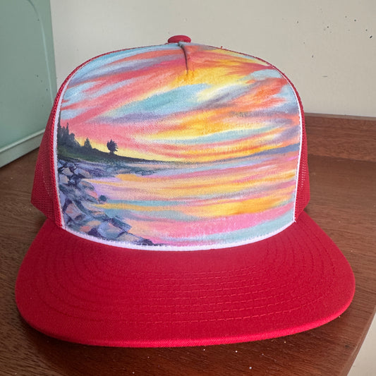 "Pastel Sunset on Red" Hand Painted Hat