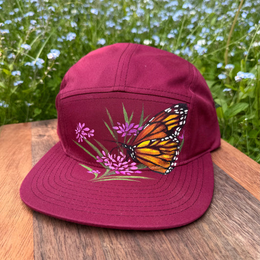 "Monarch on Berry Red" Hand Painted Hat