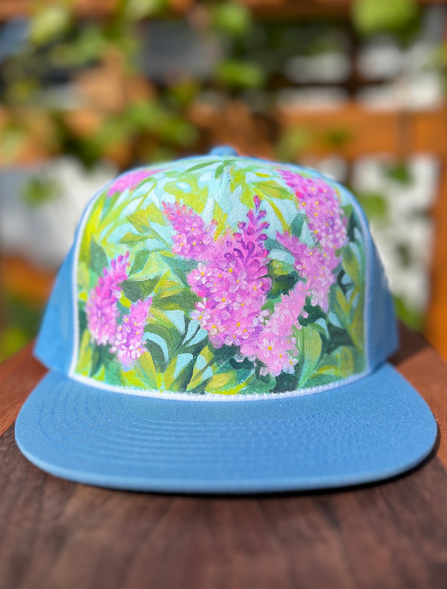 "Lilacs on Blue" Hand Painted Hat