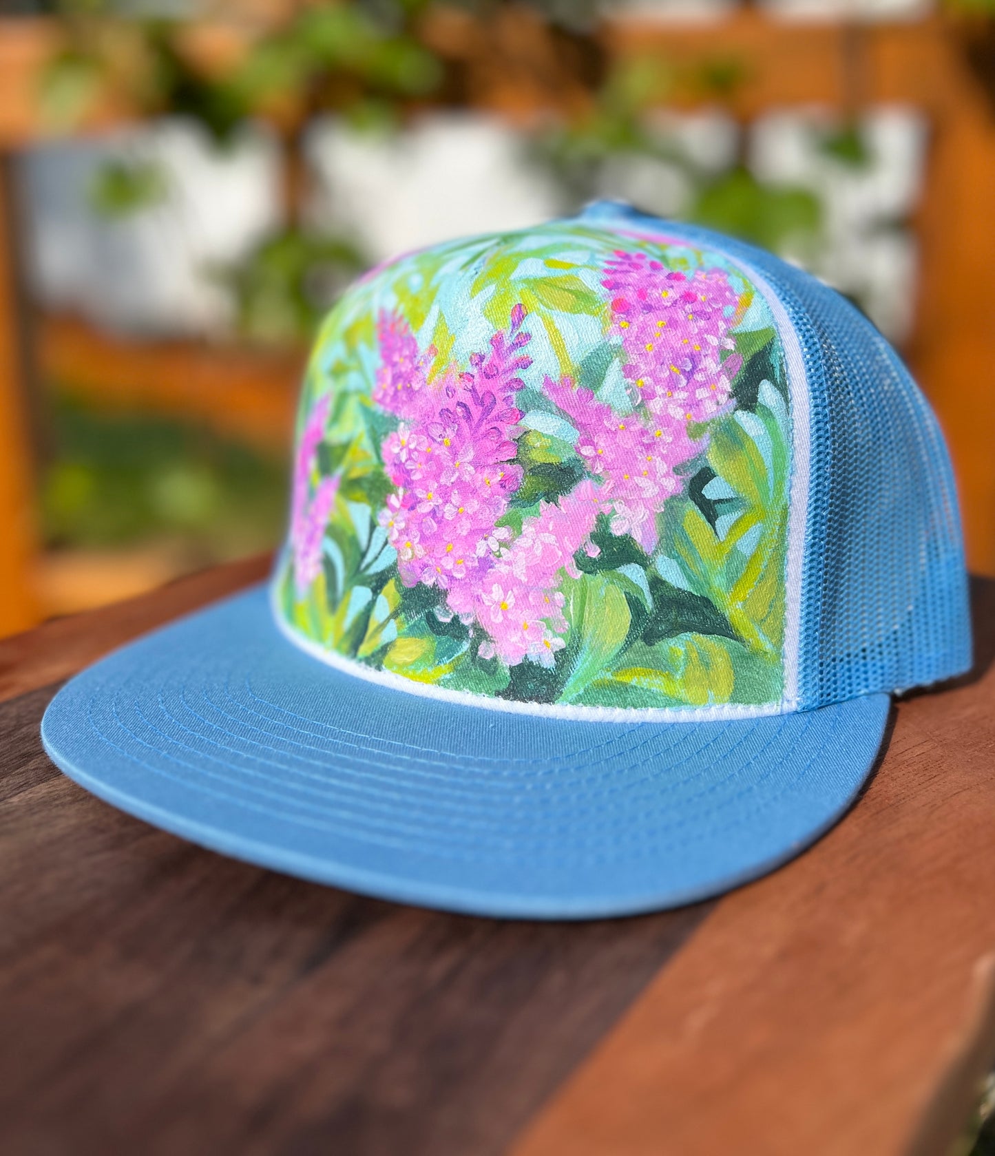 "Lilacs on Blue" Hand Painted Hat