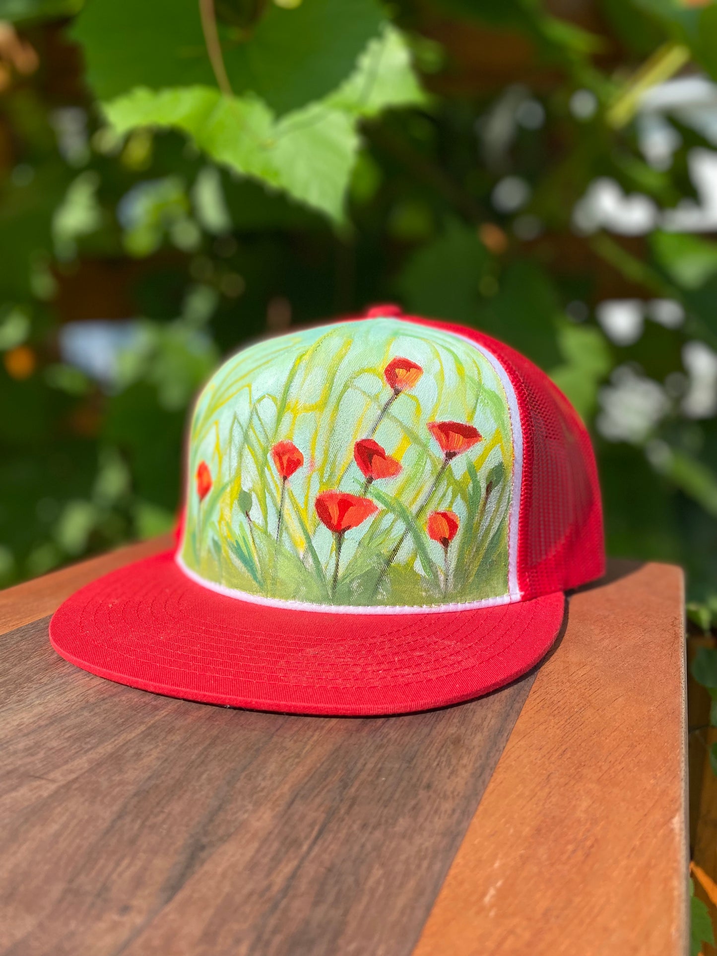 "Poppies on Red" Hand Painted Hat