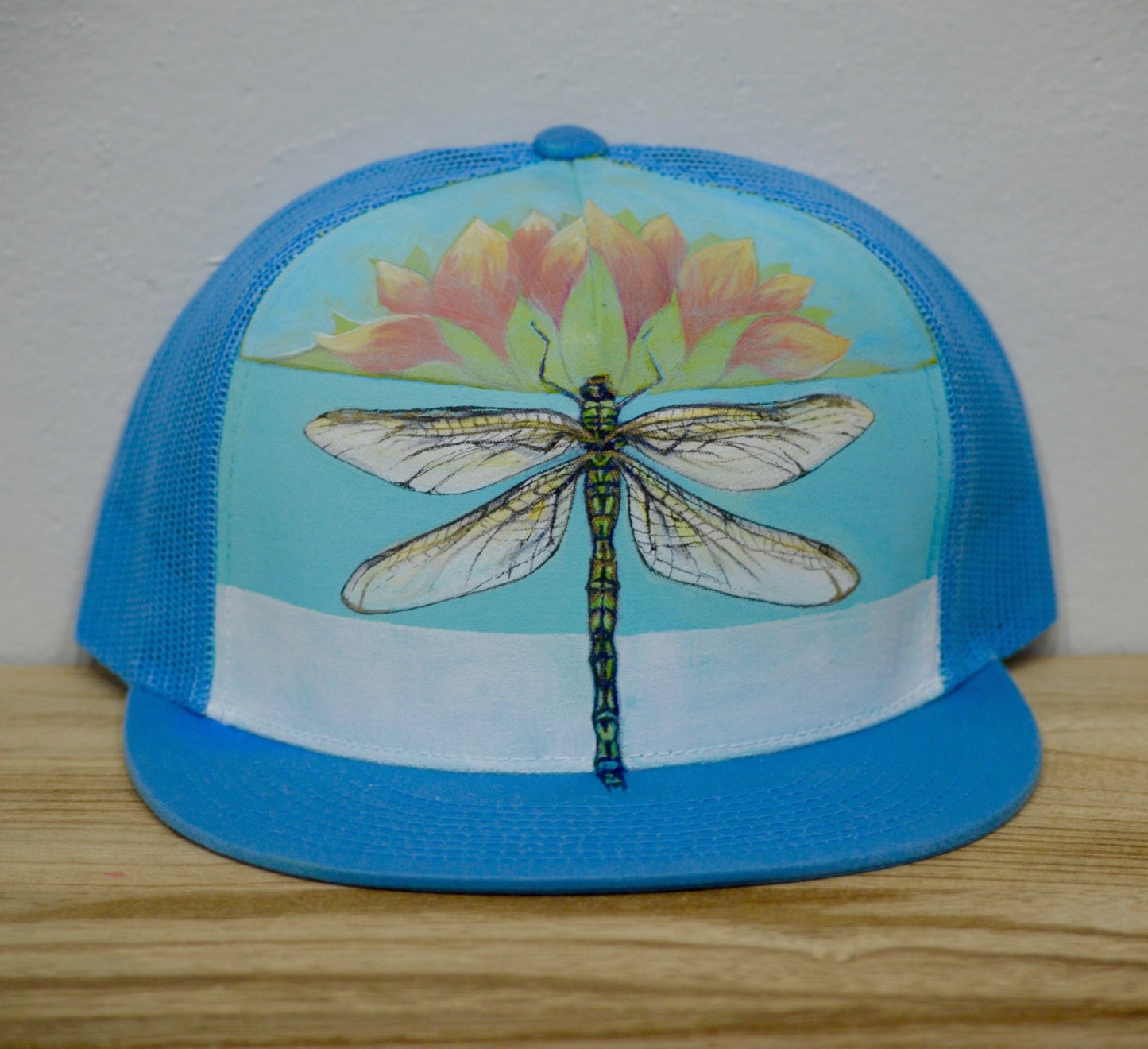 "Dragonfly & Lotus" Hand Painted on Baby Blue Snapback Trucker Hat