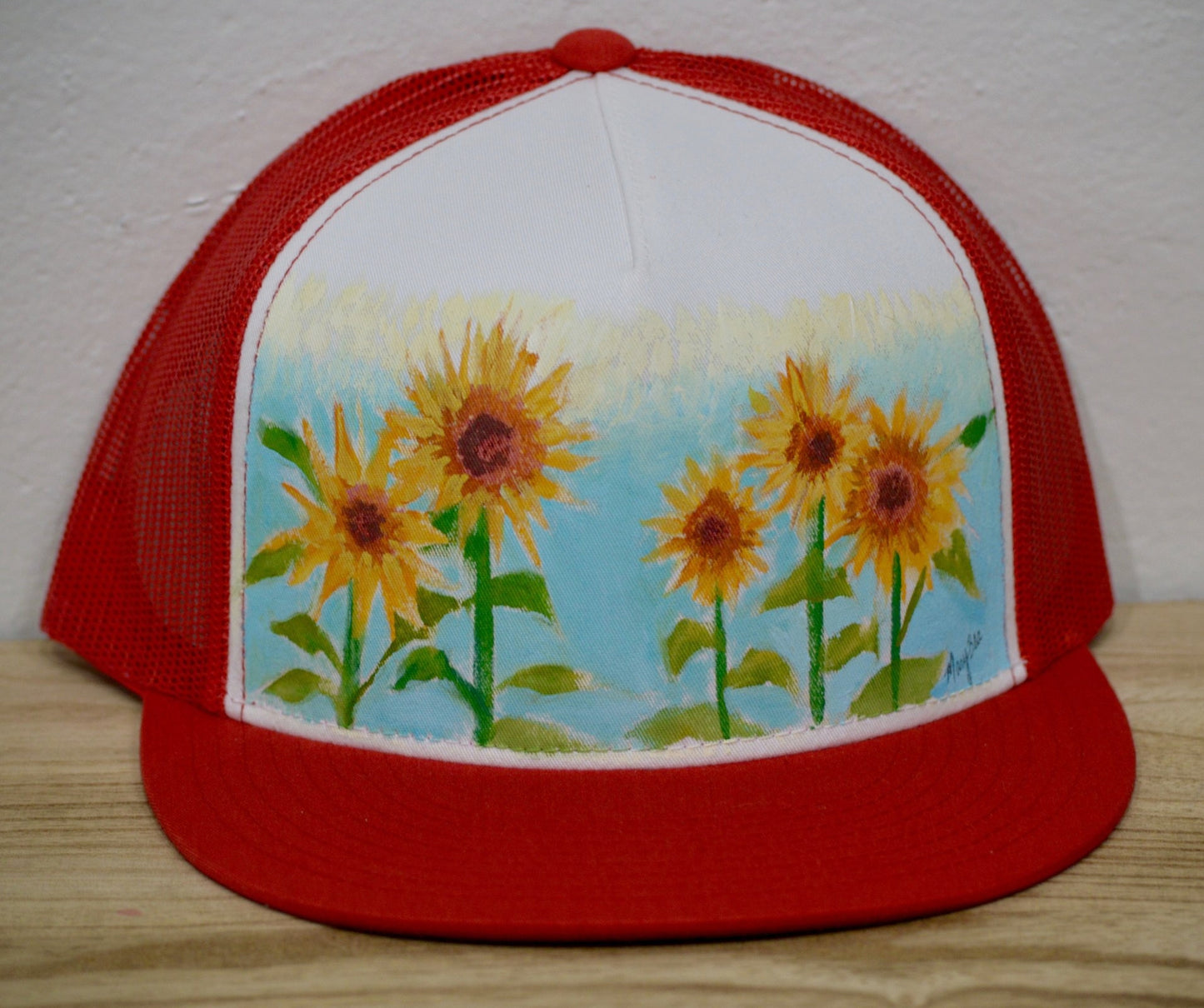 "Sunflowers" Hand Painted on Red Snapback Trucker Hat