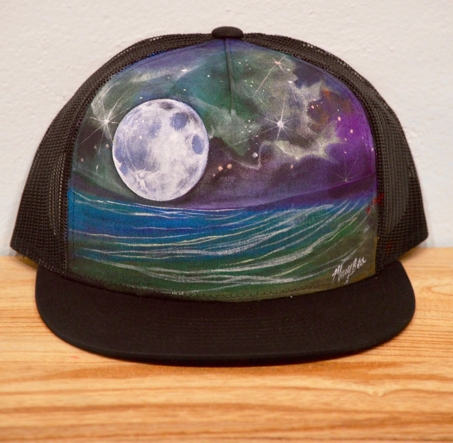 "Night" Hand Painted on Black Snapback Trucker Hat