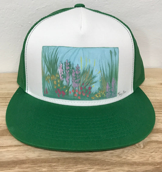 "Garden" Hand Painted on Green Snapback Trucker Hat
