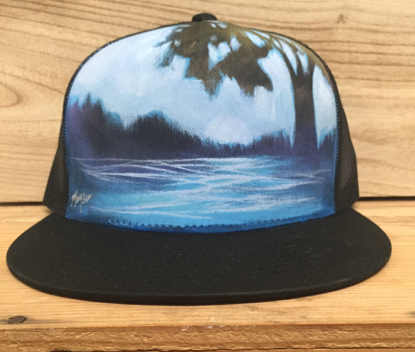 "Evening Lake" Hand Painted on Black Snapback Trucker Hat
