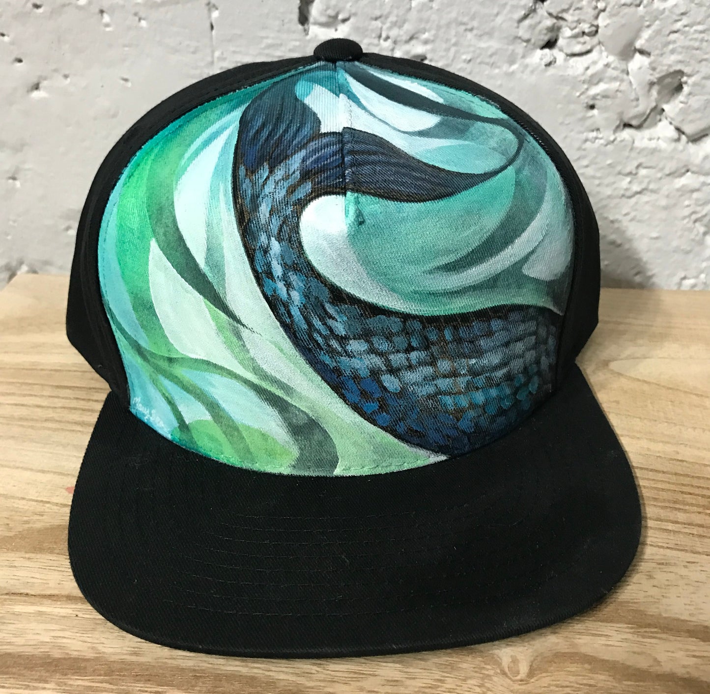 "Mermaid Tail" Hand Painted on Black Cotton Snapback Hat