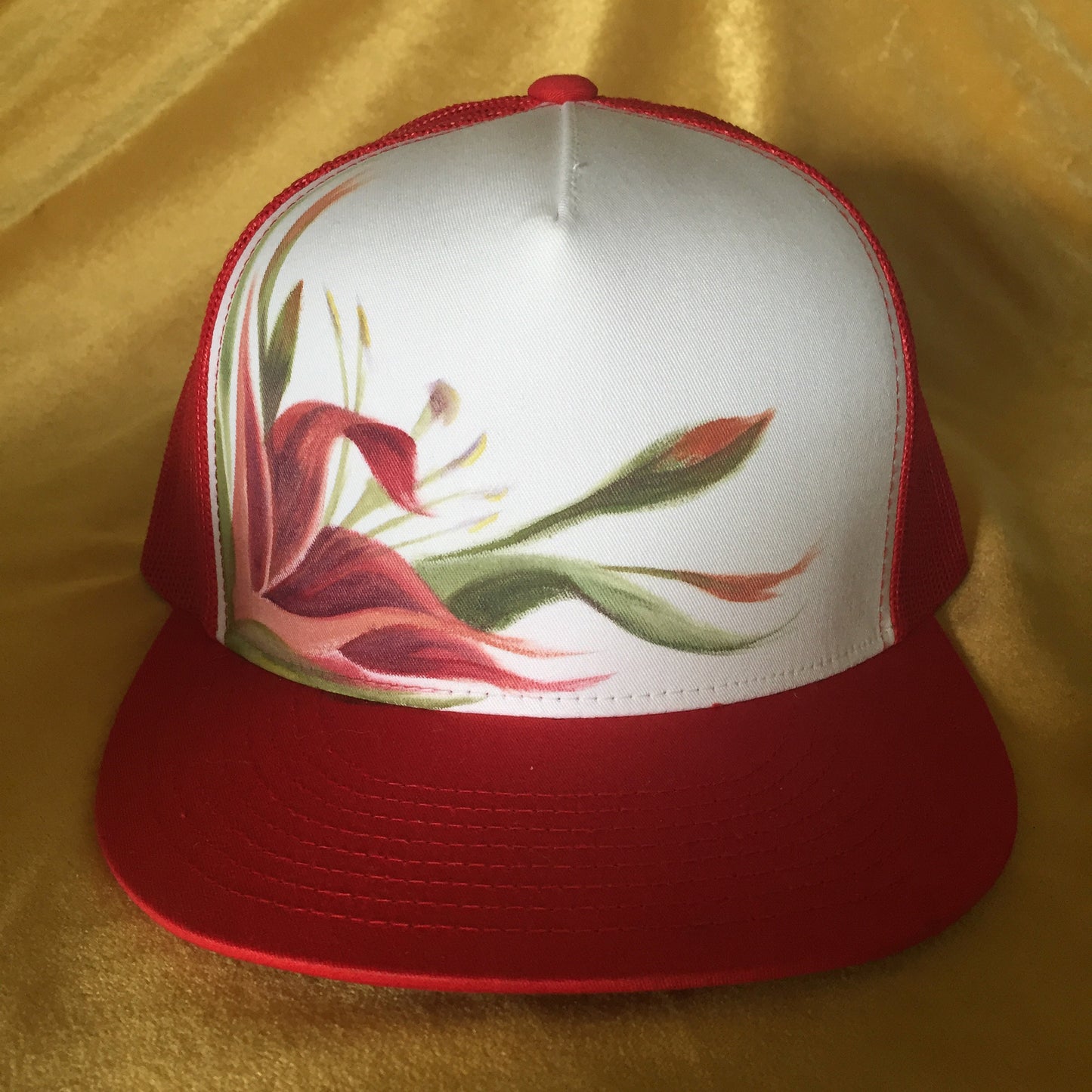 "Floral" Hand Painted on Red Snapback Trucker Hat