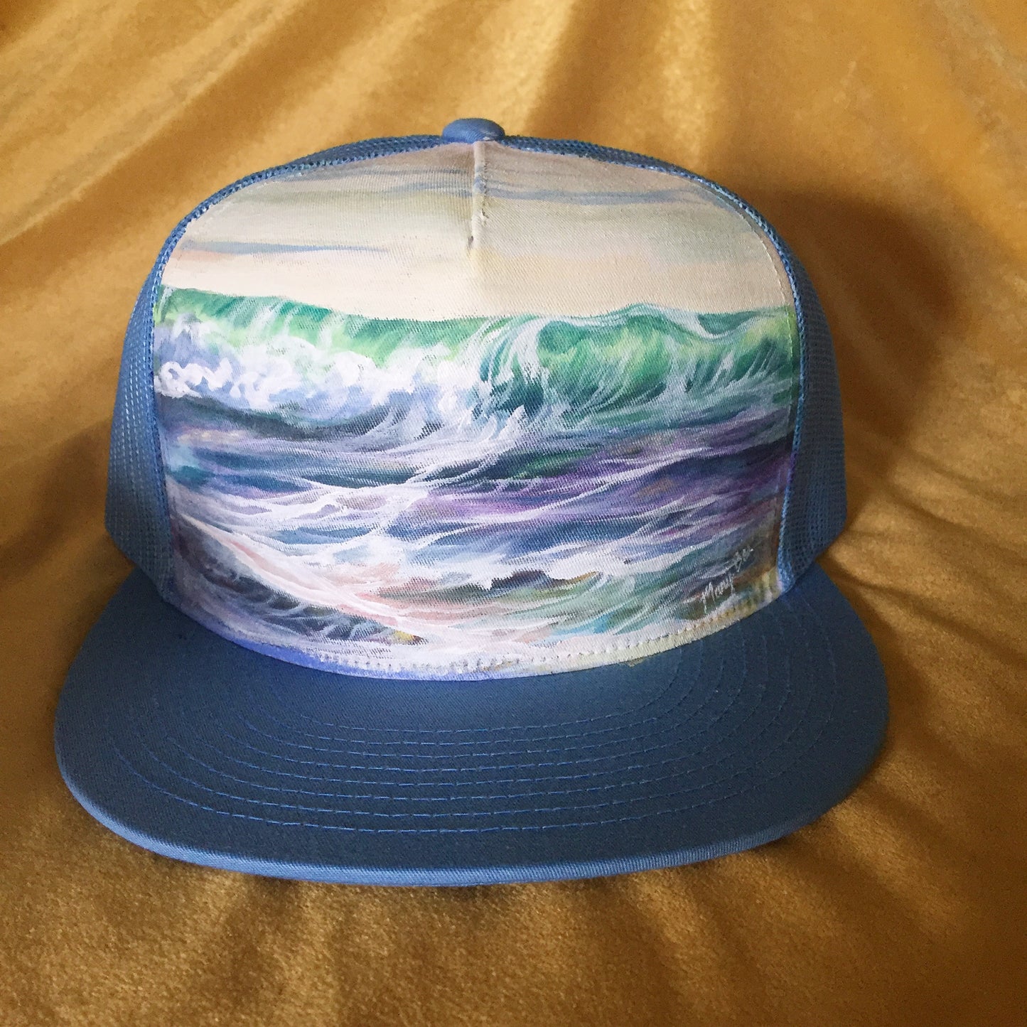 "Waves" Hand Painted on Baby Blue Snapback Trucker Hat