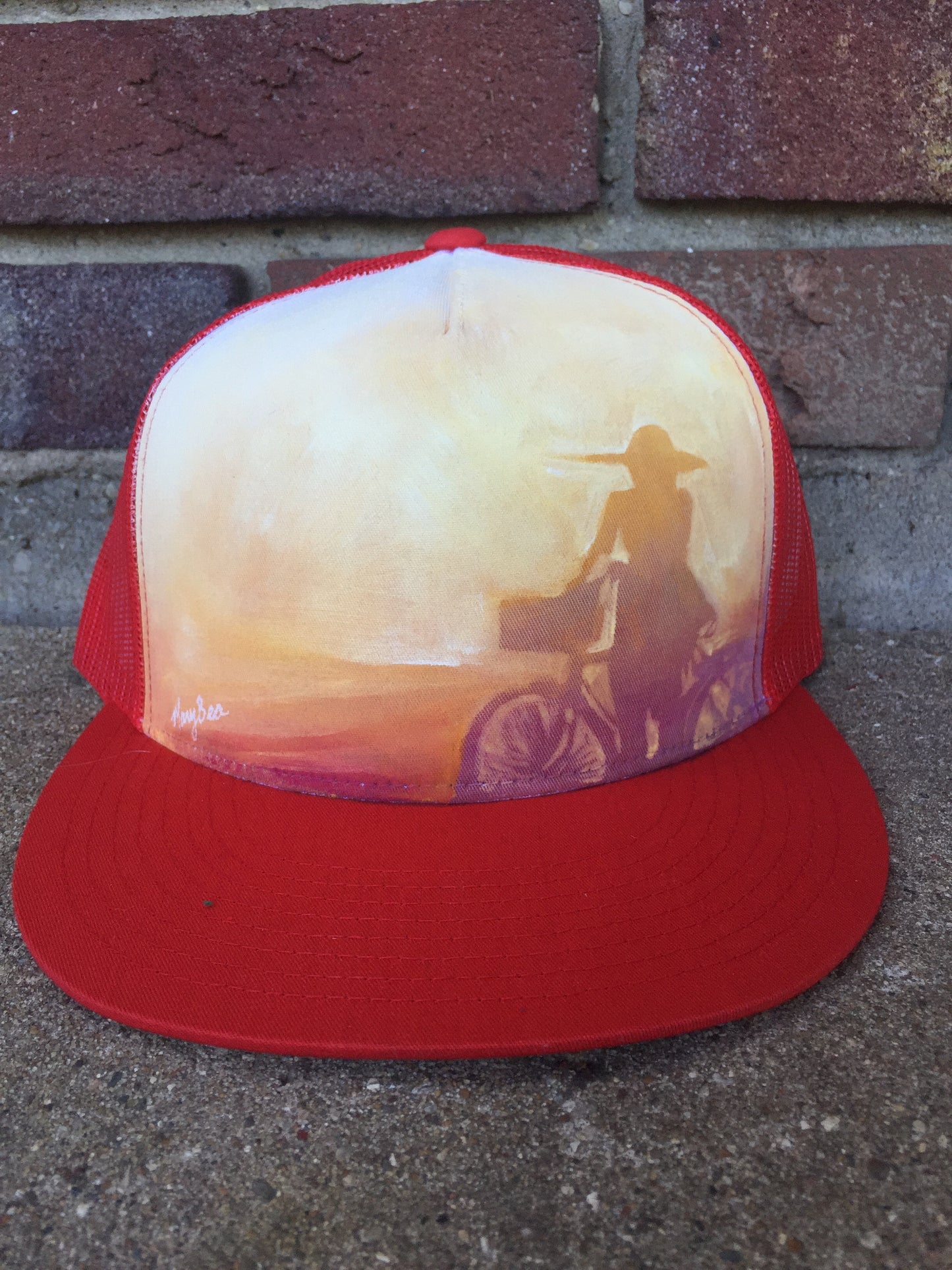 "Girl on a bike" Hand Painted on Red Snapback Trucker Hat