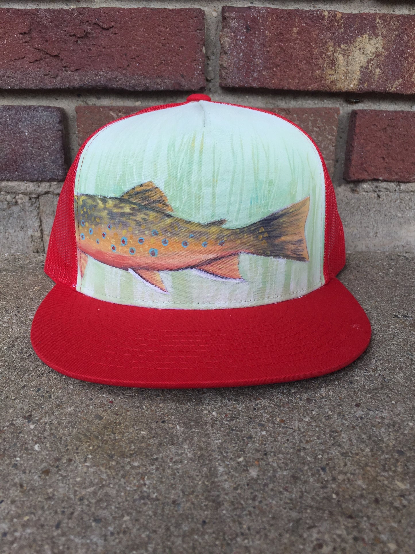 "Fish Tale" Hand Painted on Red Snapback Trucker Hat