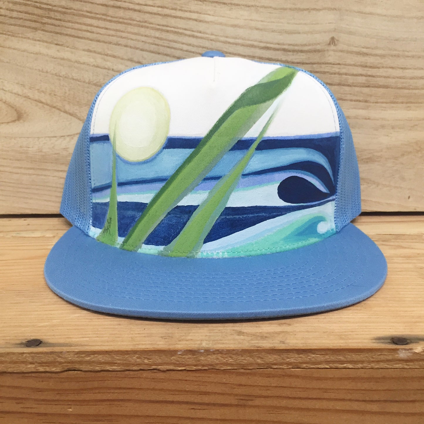 "Shore Line" Hand Painted on Baby Blue Snapback Trucker Hat