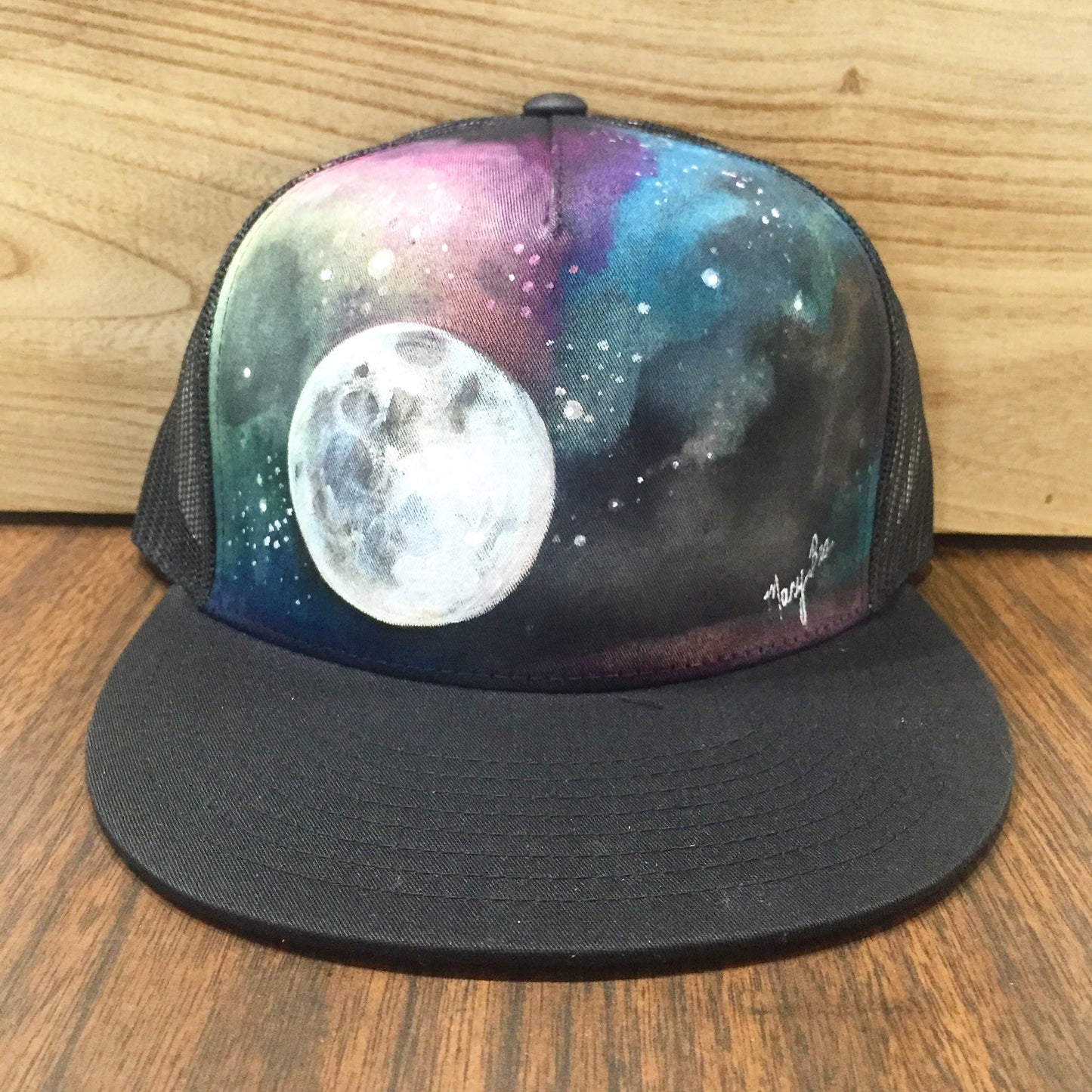 Galaxy Moon 2 Hand Painted on Black Snapback Trucker Hat