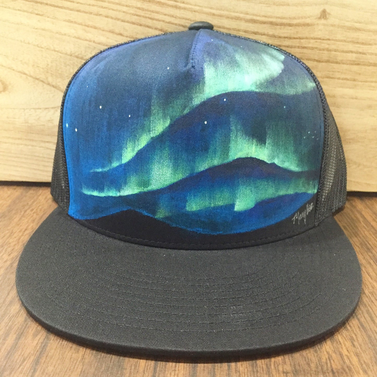 Northern Lights Hand Painted on Black Snapback Trucker Hat