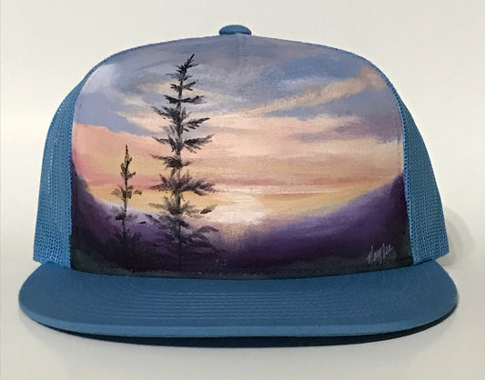 "Pine Sunset" Hand Painted on Baby Blue Snapback Trucker Hat