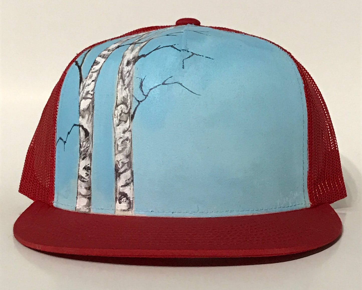 "Two Birches" Hand Painted on Red Snapback Trucker Hat