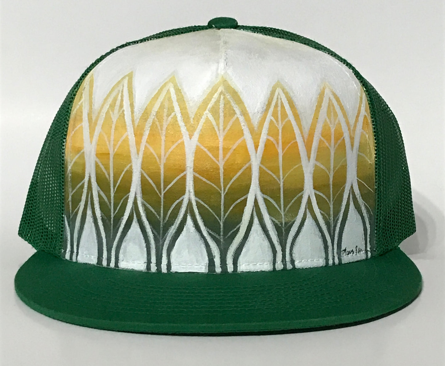 "Leaf Print" Hand Painted on Green Snapback Trucker Hat