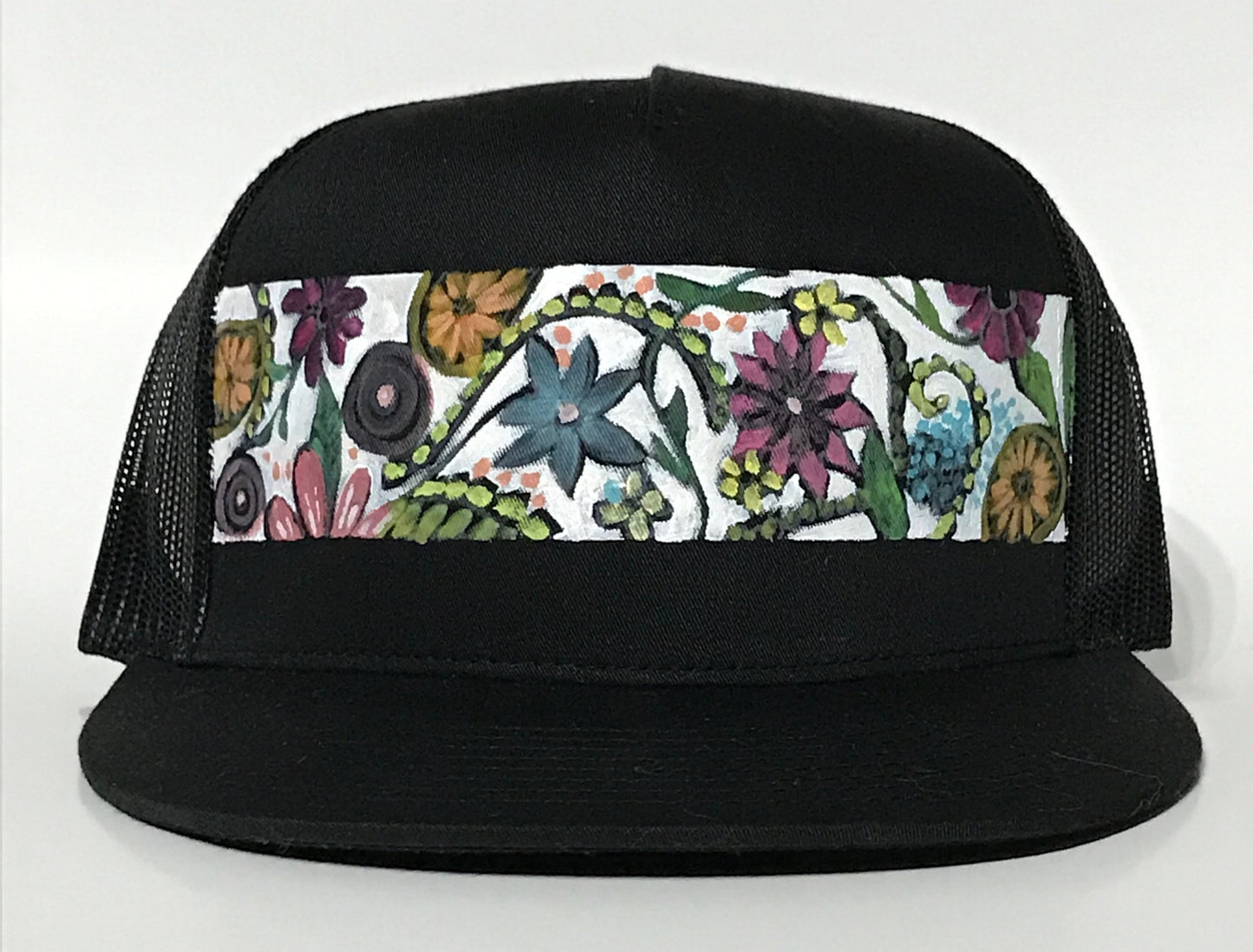 "flowers" Hand Painted on Black Snapback Fabric Back Hat