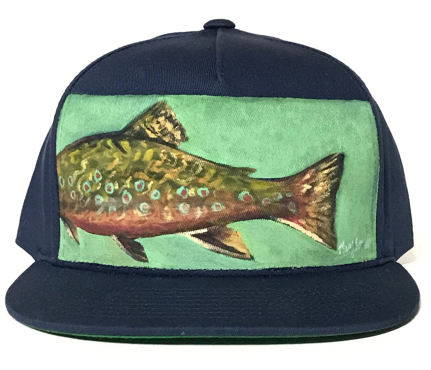 "Fish Tale" Hand Painted on Blue Snapback Fabric Back Hat