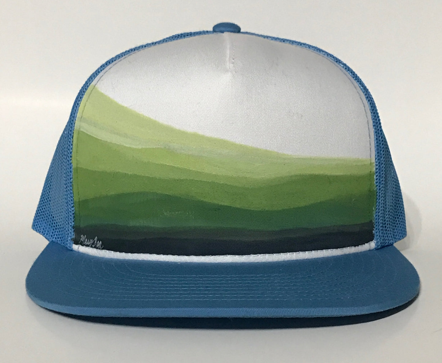 "Green Land" Hand Painted on Baby Blue Trucker Snapback