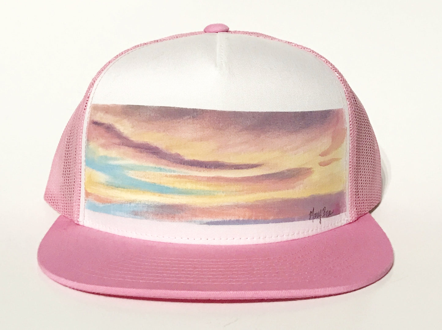 "Sunset" Hand Painted on Pink Snapback Trucker Hat