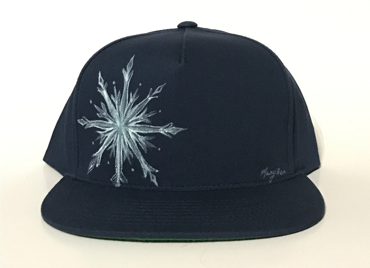 "Snowflake" Hand Painted on Navy Cotton Snapback Hat