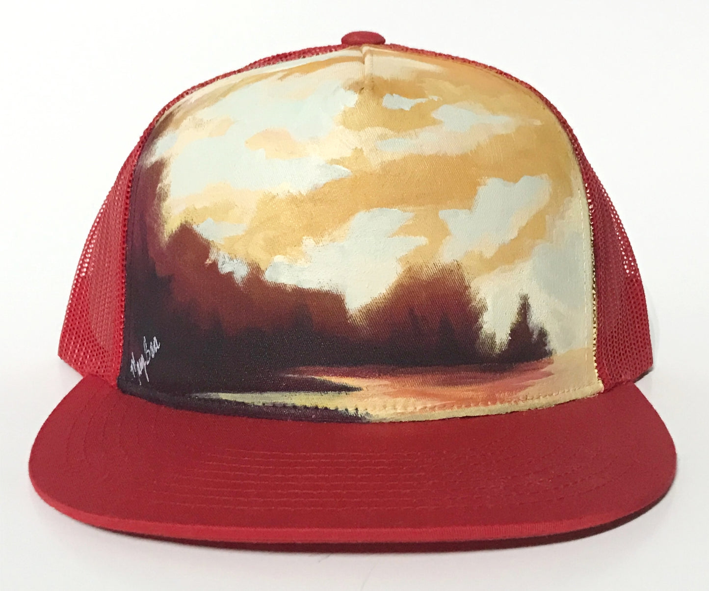 "Skyland" Hand Painted on Red Snapback Trucker Hat